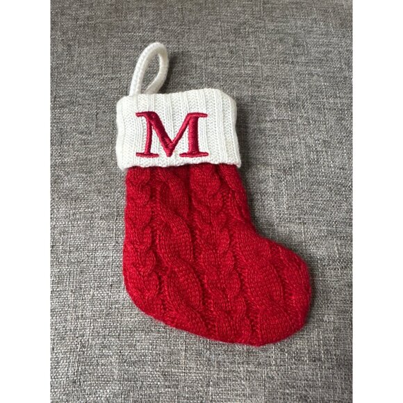 Red & White Cable Knit Christmas Stocking w/ Monogram M - Picture 1 of 4